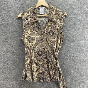 George Blouse Women L Large Beige Geometric Collared Tie Up Stretch Belted